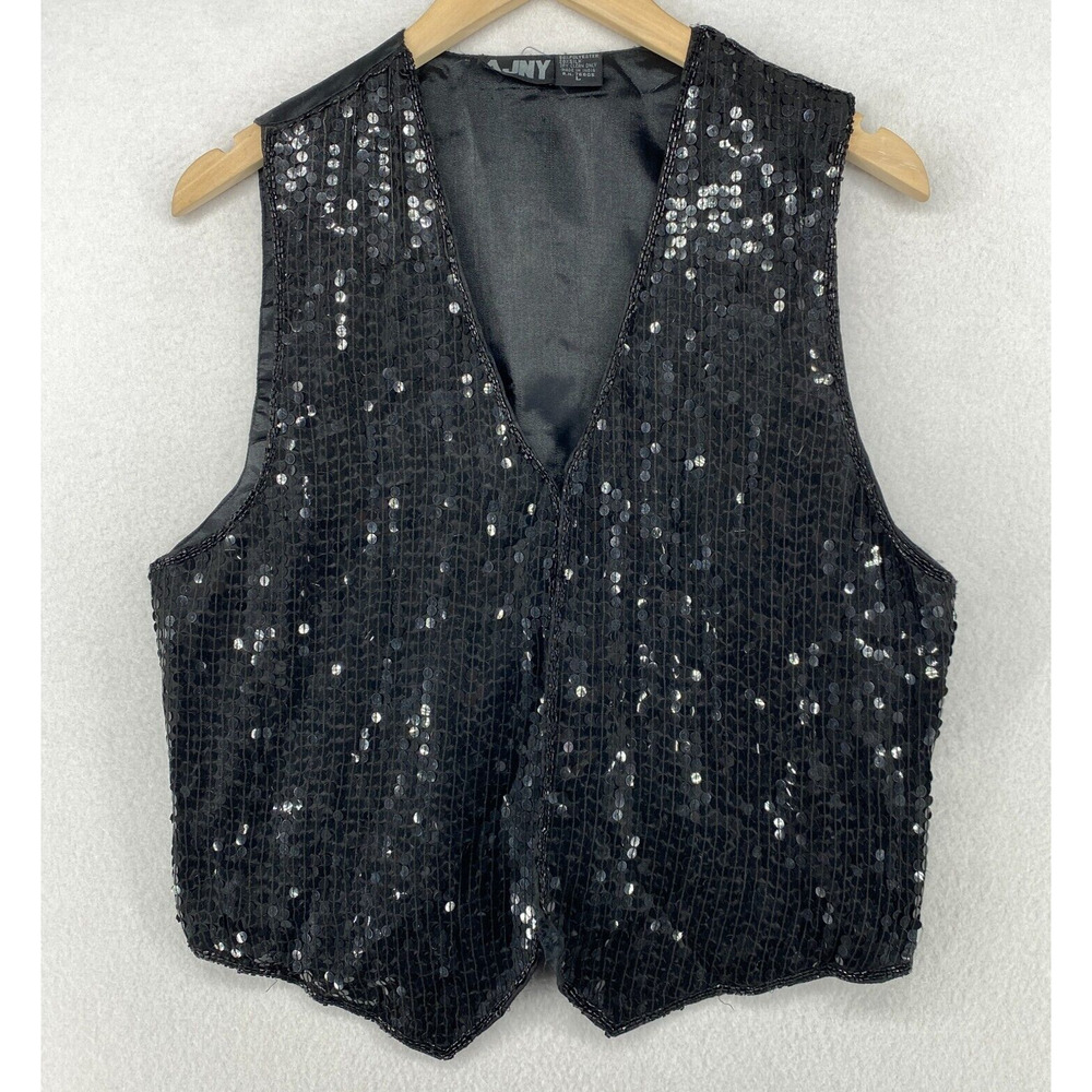 AJNY Vest Womens L Silk Blend Satin Sequin Embellished Waistcoat Black Vtg 80s
